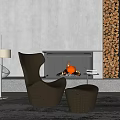 Modern Brown Woven Single Sofa Living Room Interior With Fireplace Ottoman Floor Lamp And Rug