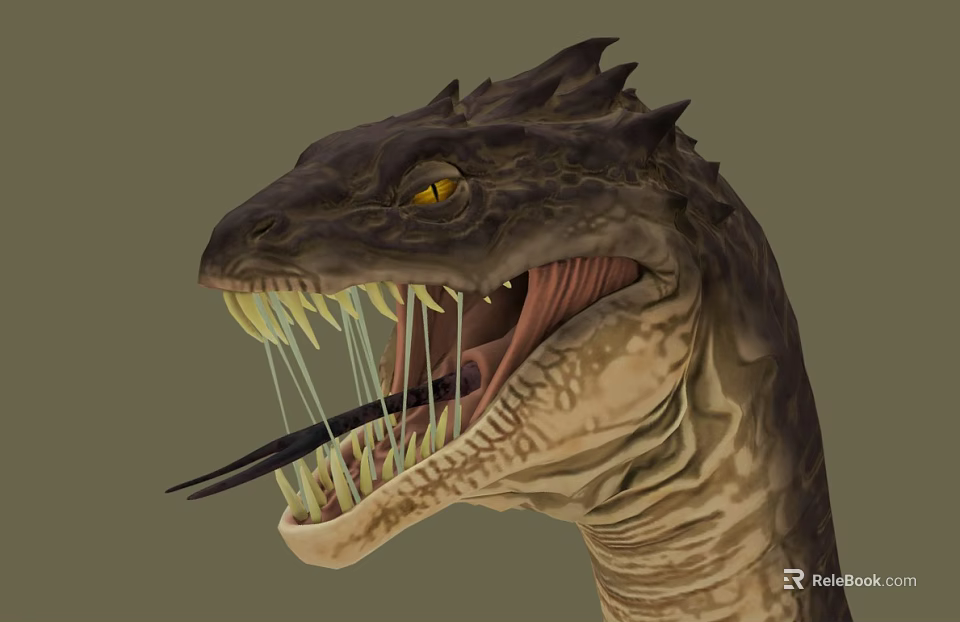 Detailed Reptile Head With Yellow Eyes Open Mouth Sharp Teeth Long Tongue And Scaly Skin 3d model 