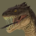 Detailed Reptile Head With Yellow Eyes Open Mouth Sharp Teeth Long Tongue And Scaly Skin