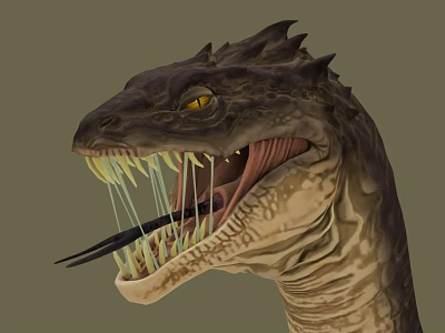 Detailed Reptile Head With Yellow Eyes Open Mouth Sharp Teeth Long Tongue And Scaly Skin 3d model