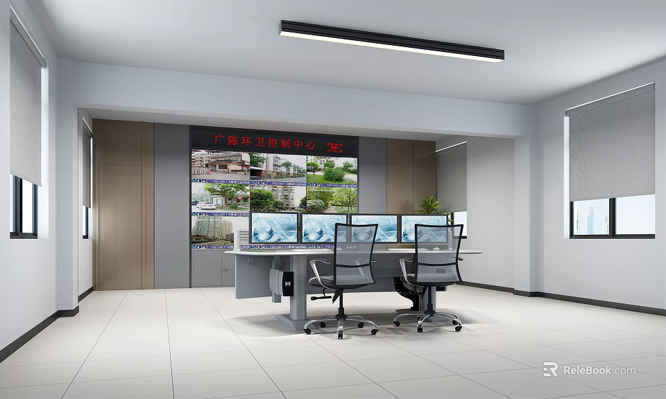 Control Room Interior Featuring Multiple Monitors Large Wall Screen Work Desk And Office Chairs 3d model 