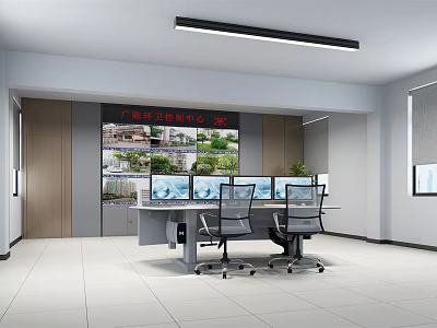 Control Room Interior Featuring Multiple Monitors Large Wall Screen Work Desk And Office Chairs 3d model