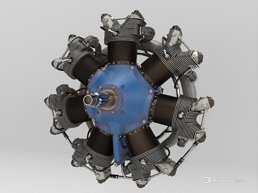 Vintage Radial Engine With Multiple Cylinders Blue Center And Metal Components 3d model 