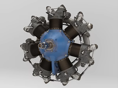 Vintage Radial Engine With Multiple Cylinders Blue Center And Metal Components 3d model