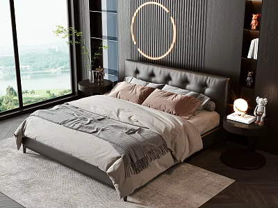 Modern Upholstered Double Bed with Beige Pillows Gray Blanket and Nightstands by Large Window 3d model