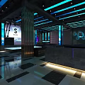 Modern Bar Interior With Stage Lighting Large Screens And Sofas 3d model