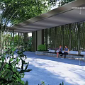 Modern Outdoor Pergola With Shaded Canopy Lush Greenery And Comfortable Seating