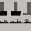 Kitchen Stovetop Setup With Black Range Hoods And Various Pots On Light Wall 3d model