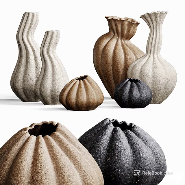 Artistic Ceramic Decorative Ornament Set With Textured Vases In White Brown Black 3d model 