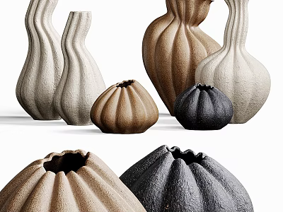 Artistic Ceramic Decorative Ornament Set With Textured Vases In White Brown Black 3d model