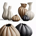 Artistic Ceramic Decorative Ornament Set With Textured Vases In White Brown Black