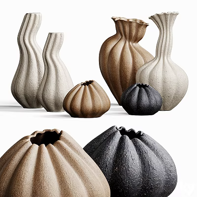 Artistic Ceramic Decorative Ornament Set With Textured Vases In White Brown Black 3d model