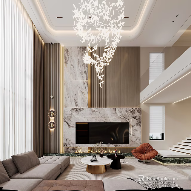 Modern Duplex Living Room Interior Design With Chandelier Fireplace And Staircase 3d model 