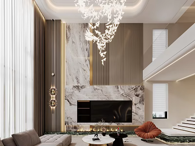 Modern Duplex Living Room Interior Design With Chandelier Fireplace And Staircase 3d model
