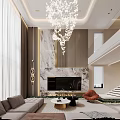 Modern Duplex Living Room Interior Design With Chandelier Fireplace And Staircase
