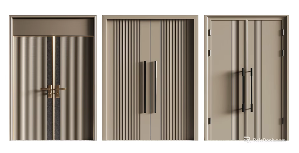 Modern Beige Double Doors With Vertical Striped Design And Gold Black Handles 3d model 