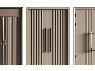 Modern Beige Double Doors With Vertical Striped Design And Gold Black Handles 3d model