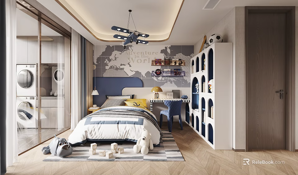 Stylish Modern Nautical Adventure Themed Boys Bedroom With Fun Play And Comfortable Study Area 3d model 