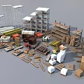 Industrial Equipment Components Including Metal Frames Storage Racks Pipes And Wooden Crates