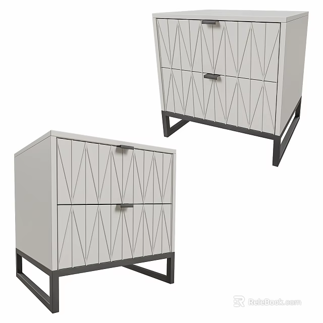 Modern Bedside Nightstand With Geometric Pattern Drawers And Black Metal Legs Design 3d model 