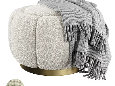 Plush Ivory Bouclé Fabric Ottoman With Gold Metal Base and Soft Gray Throw Blanket 3d model