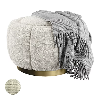 Plush Ivory Bouclé Fabric Ottoman With Gold Metal Base and Soft Gray Throw Blanket 3d model