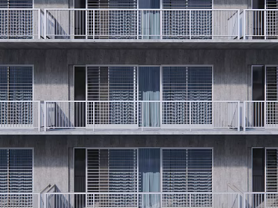 White Metal Grid Design Balcony Railings On Multi story Building With Gray Wall 3d model