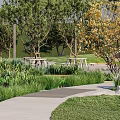 Beautiful Park Landscape With Lush Green Grass Walking Paths Trees And Circular Rest Area