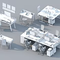 Various Office Desk Styles With Ergonomic Chairs Computers And Modern Workstations In Workspace 3d model