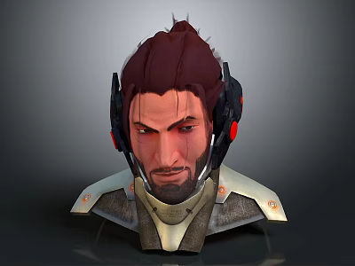 Game Character with Messy Red Hair Black Red Headgear Stubble and Metallic White Shoulders 3d model