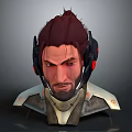 Game Character with Messy Red Hair Black Red Headgear Stubble and Metallic White Shoulders