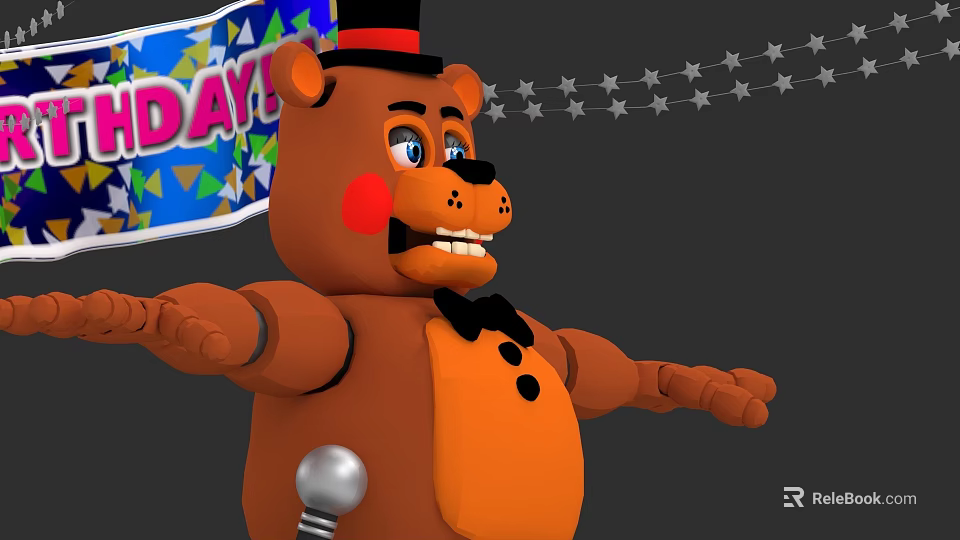 Cheerful Brown Bear Doll with Top Hat Bow Tie and Birthday Sign Star Decorations 3d model 