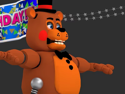 Cheerful Brown Bear Doll with Top Hat Bow Tie and Birthday Sign Star Decorations 3d model