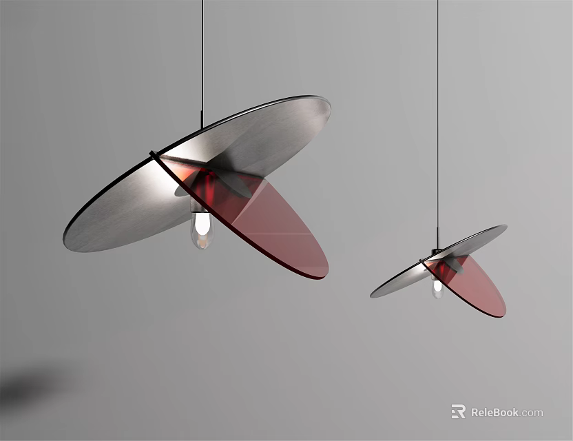Modern Sleek Pendant Lights Featuring Circular Metallic And Red Translucent Design 3d model