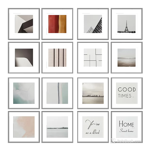 Twelve Modern Framed Wall Art Pieces with Geometric Landscape and Typography Designs 3d model 