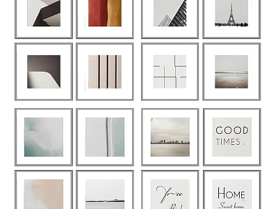 Twelve Modern Framed Wall Art Pieces with Geometric Landscape and Typography Designs 3d model