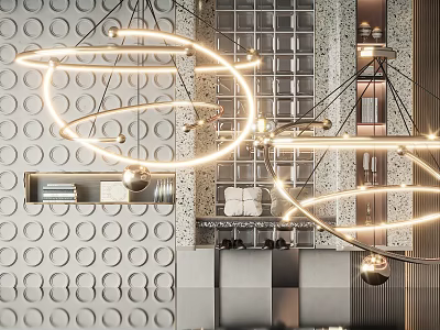 Modern Circular Chandelier In Contemporary Interior With Textured Wall And Decor Elements 3d model
