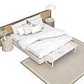 Minimalist Double Bed Design With Light Bedding Wooden Headboard And Pendant Light