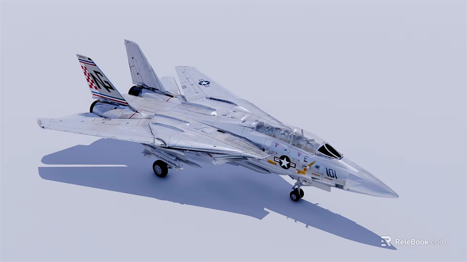 Silver Military Fighter Jet with Tail Insignia and Extended Landing Gear on Ground 3d model 