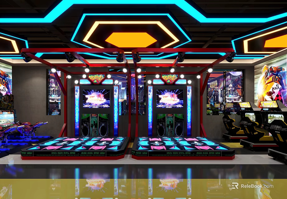Modern Arcade Playground Interior With Neon Lights Colorful Lighting And Gaming Machines 3d model 