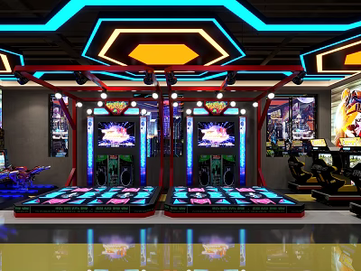 Modern Arcade Playground Interior With Neon Lights Colorful Lighting And Gaming Machines 3d model