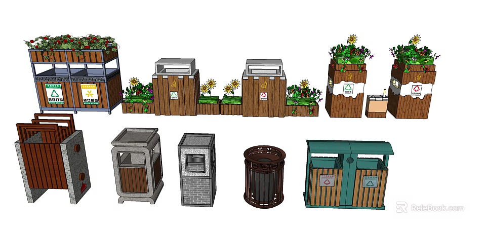 Various Types of Public Trash Bins with Wooden Metal Designs Classification Signs and Green Plants 3d model 