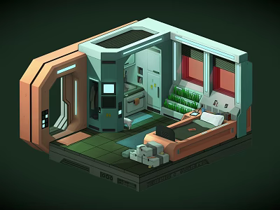 Cartoon Sci fi Room Interior Design With Curved Structures And Green Sofa 3d model