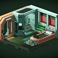 Cartoon Sci fi Room Interior Design With Curved Structures And Green Sofa 3d model
