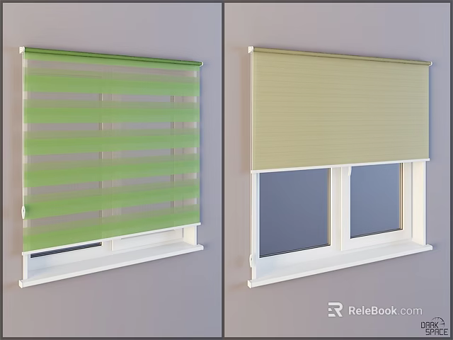 Stylish Green Striped And Beige Roller Blinds On Home Window Panels 3d model