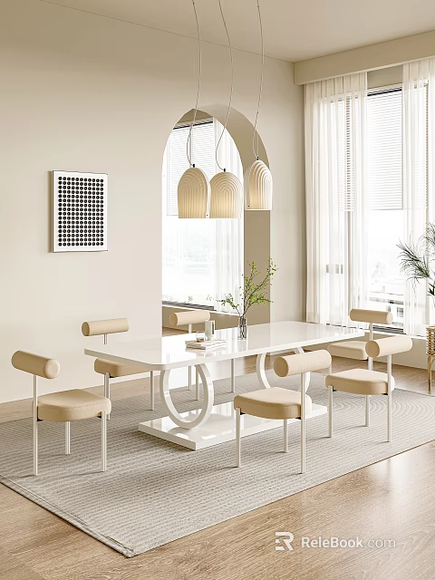 Modern Restaurant Dining Space With White Table Beige Chairs Pendant Lights And Decorative Wall Art 3d model 