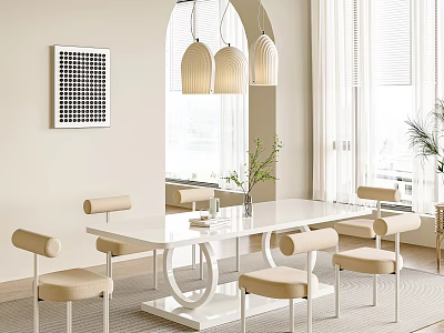 Modern Restaurant Dining Space With White Table Beige Chairs Pendant Lights And Decorative Wall Art 3d model