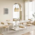 Modern Restaurant Dining Space With White Table Beige Chairs Pendant Lights And Decorative Wall Art