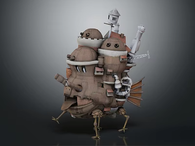Unique Fantastical Building With Tower Pipes Eye Like Windows Legs And Fins 3d model