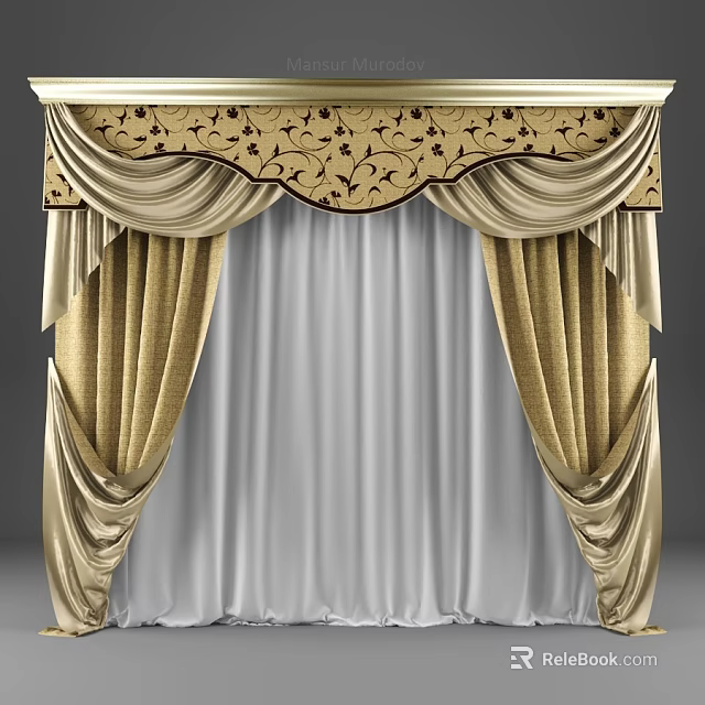 Elegant Golden Beige Curtain With Floral Top Pattern And Sheer Inner Layer 3d model